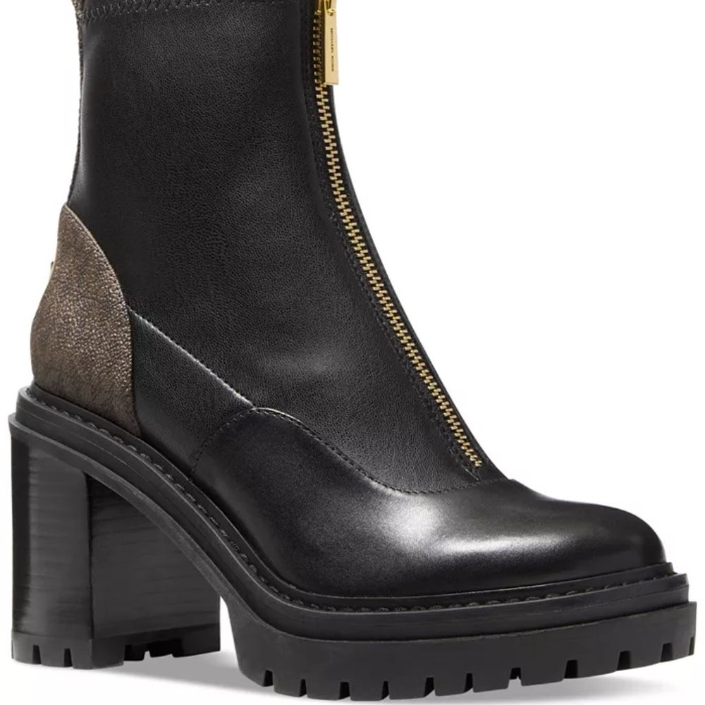 Michael Kors Cyrus MK Logo Black Bootie Ankle Boots Shoes Heels Pumps NEW